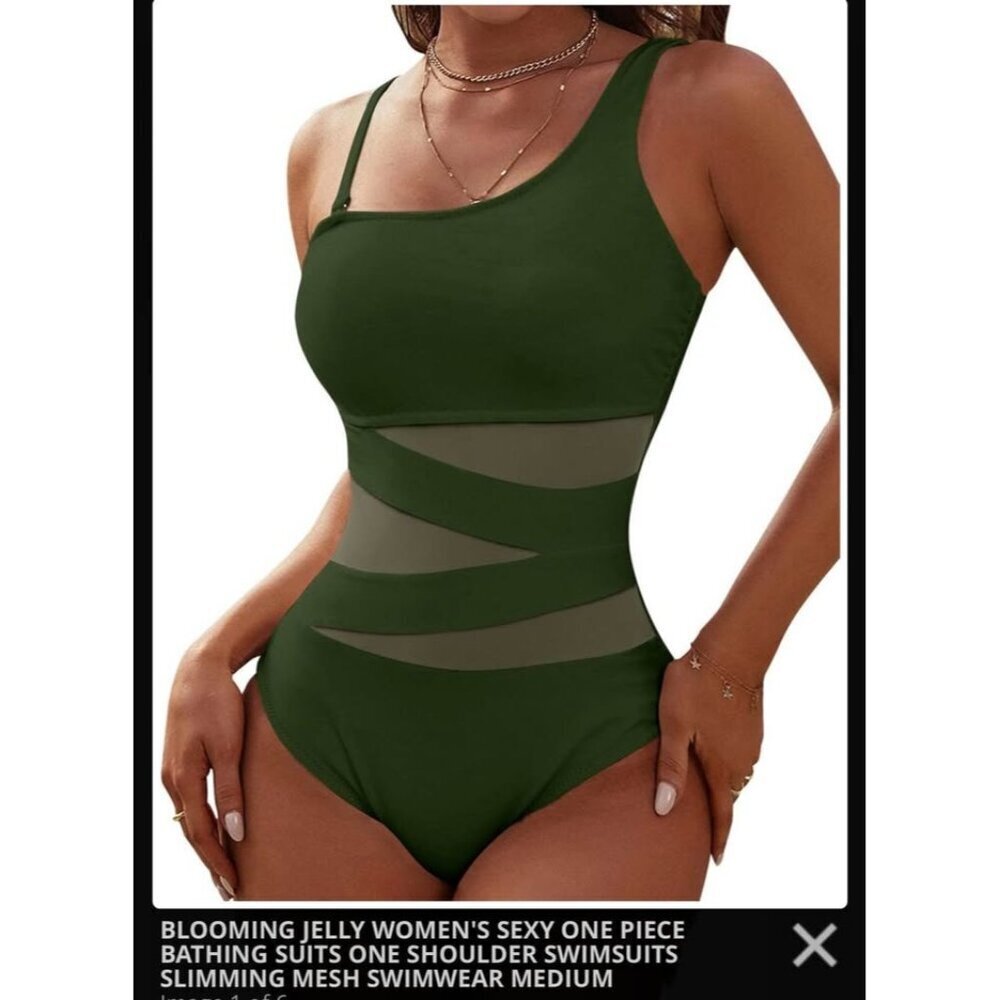 New Blooming Jelly one shoulder one piece swimsuit dark green M